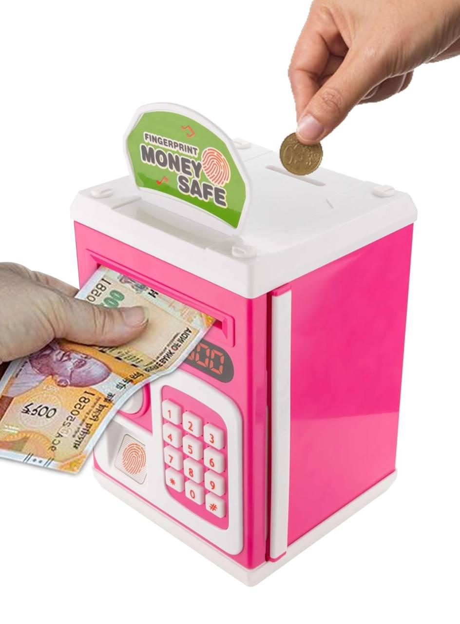 Money Safe Kids with Finger Print Sensor Piggy, Savings Bank with Electronic Lock - Pink