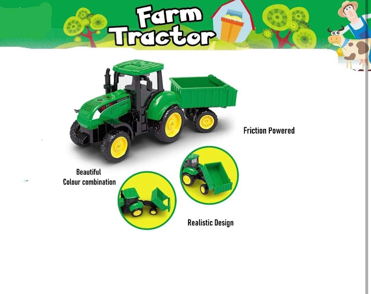 Friction Powered Farm Tractor Toy with Detachable Trolley ā Realistic Green Agricultural Vehicle for Kids | Push and Go Tractor Truck for Boys ā Safe Durable Plastic Toy